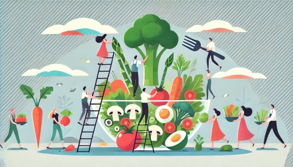 DALL·E 2025-03-29 16.54.29 - A colorful and playful flat-style illustration of people preparing a giant healthy salad. One person climbs a ladder holding a large piece of broccoli